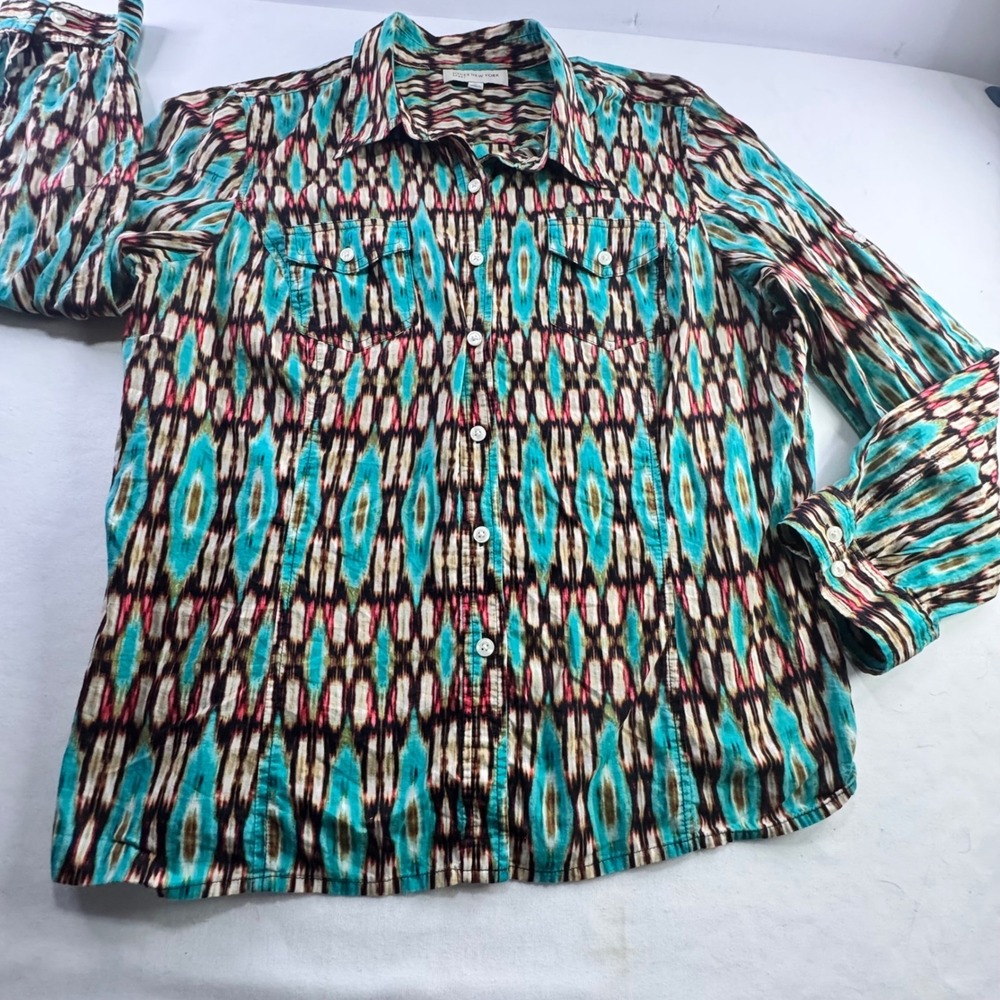 Jones New York Sport XL Cotton Button Down Shirt Ikat Geometric Turquoise Brown